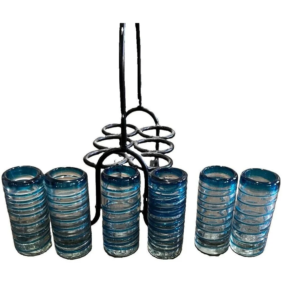 Set of 6 Mexican Hand Blown Confetti shot glasses and Metal Carrier, holder